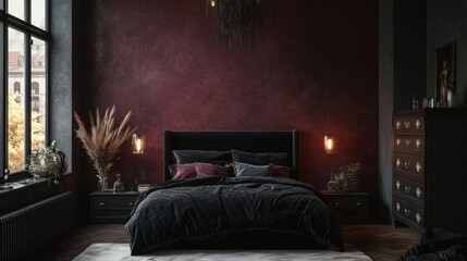 A bedroom with a black bed and a red wall