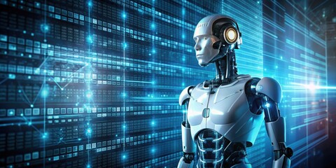 Advanced robotic technology with lines of complex code displayed on screen, robot, code