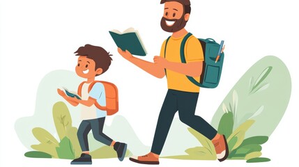 Sticker - A man and boy walking with books in their hands, AI