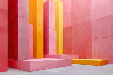 Wall Mural - Abstract Colorful Architectural Design with Pink and Yellow Geometric Shapes