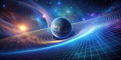 Wall Mural - A cosmic scene with a planet surrounded by a curved grid of spacetime lines, space, planet