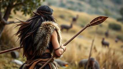 Back view of prehistoric woman wearing fur and spear on hunt. Generative AI