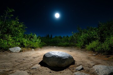 Wall Mural - Hunting Forest under a full moon, captured in a photo where the silver light creates eerie shadows and highlights the contours of the landscape
