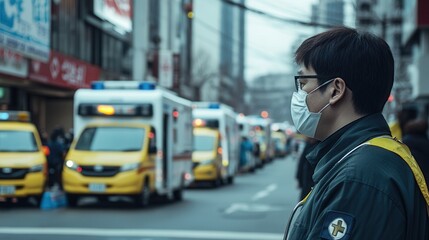 Fototapete - Medical professionals in masks oversee long lines of ambulances outside crowded hospitals as they address urgent health concerns. Generative AI