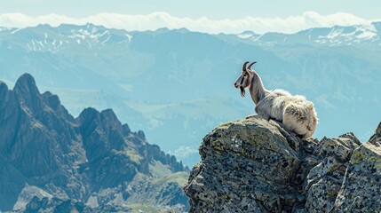 Photo of a goat sitting on the edge of an alpine mountain peak, with another large and sharp rocky hill in the background, clear sky, summer day.