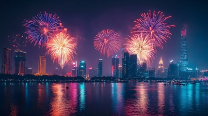 Wall Mural - Magnificent fireworks display over a modern city skyline reflected on the water