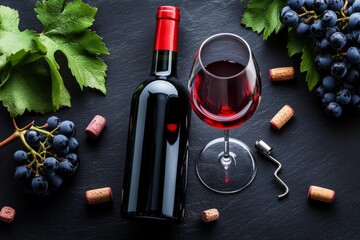 Wall Mural - An open bottle of wine stands next to a glass of wine and a bunch of grapes