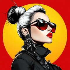 Poster - goth woman sunglasses leather jacket, in a circle frame game portrait, cartoon gaming or social media character, anime -like avatar profile icon logo. icon, avatar, profile, gaming