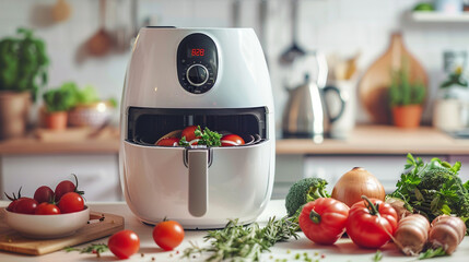 White Mini Air Fryer for Cooking Without Oil. Concept of White Kitchen Healthy Cooking