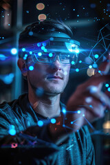 Wall Mural - A young man wearing augmented reality glasses engages with floating data visuals, exploring innovative technology in a dimly lit environment