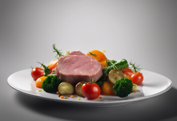 Wall Mural - Floated Veal tenderloin with seasonal vegetables falling into a plate isolate on transparency backgr