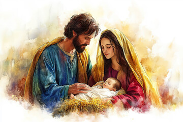 A tender watercolor painting depicts the Holy Family, Mary and Joseph gazing lovingly at their newborn baby Jesus, who sleeps peacefully in a manger bed. Generated with AI.