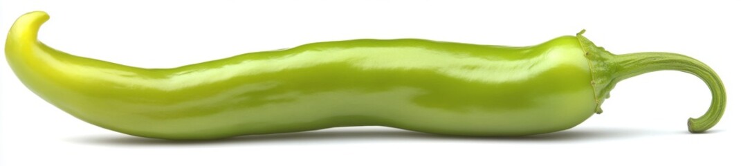 Green jalapeno pepper isolated against a white background with an elongated, curved surface.