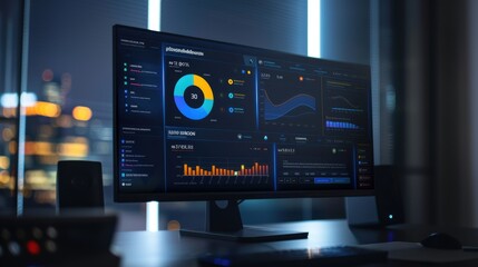 Wall Mural - modern computer showing graphs and statistics on screen is standing on a desk in an office at night