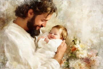 Jesus holding a smiling baby in his arms with flowers in the background. Generated with AI.