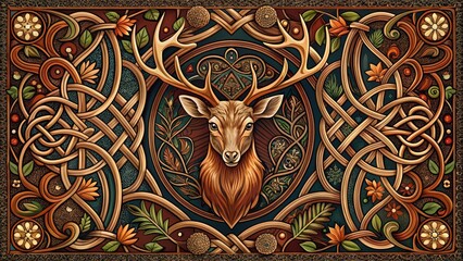 Intricately illustrated Nordic-inspired design features a majestic deer surrounded by intricate knots, Celtic patterns, and Norse mythological elements in a rich, earthy color palette.