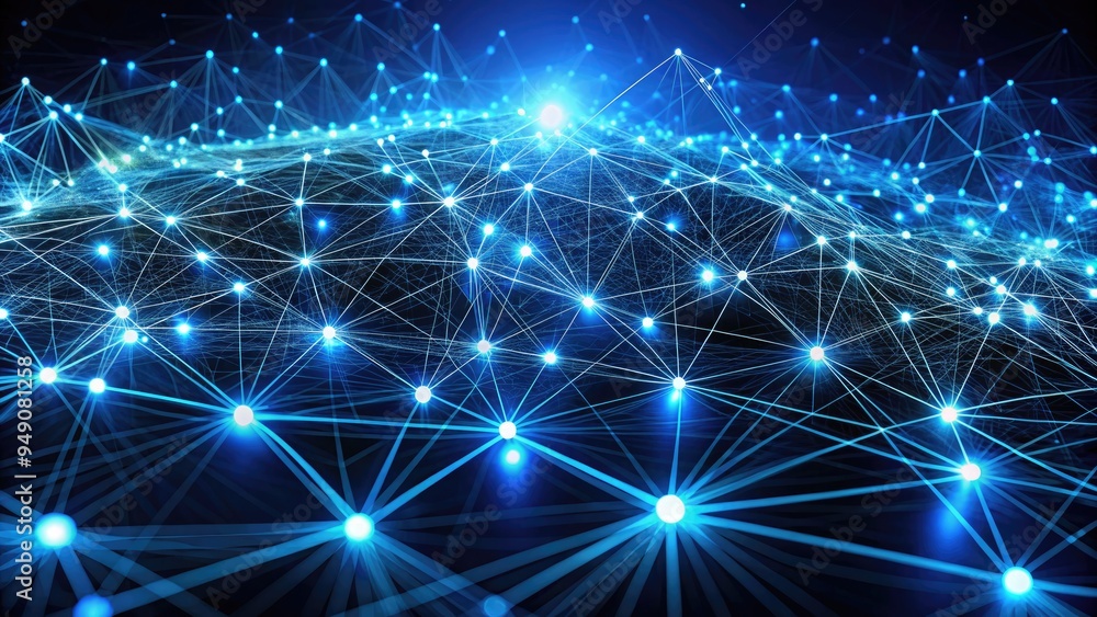 Intricate network of glowing blue lines and nodes illustrates complex ...