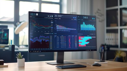 Wall Mural - computer monitor showing statistical charts on a desk in the office