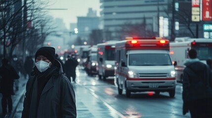 Fototapete - Healthcare workers respond to a surge of patients as ambulances line up outside hospitals amid an ongoing health crisis. Generative AI
