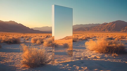 Solitary reflective monolith in a desert landscape with mountain backdrop at sunset