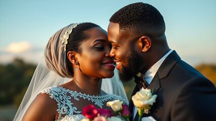 Close up of young bride and groom couple in love kissing on wedding day. Generative AI