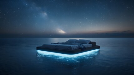 Modern bed floating on the ocean at night under a starry sky with the Milky Way visible