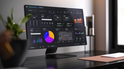 Wall Mural - modern computer showing graphs and charts on a desk in an office at home