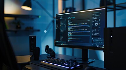 Modern programmer workplace with computer displaying code at night