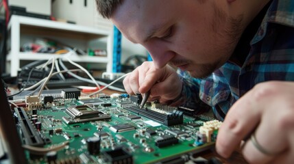 Technician repairing motherboard using tweezers in workshop