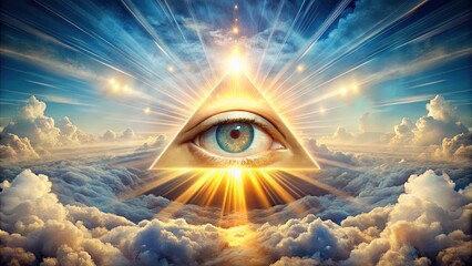 Majestic all-seeing eye surrounded by radiant light, symmetrical clouds, and subtle rays, evoking a sense of divine guidance, wisdom, and benevolent power.