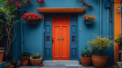 Wall Mural - A blue house with a red door and a red doorbell