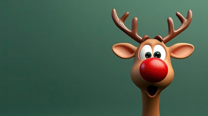 Wall Mural - Cheerful reindeer with a bright red nose and playful expression set against a simple green background during the holiday season