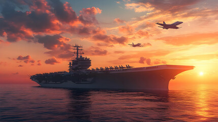 aircraft carrier at sunset with jet fighters