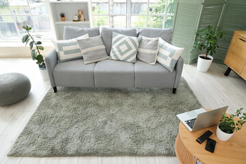 Canvas Print - Interior of living room with sofa, shelf unit and green folding screen