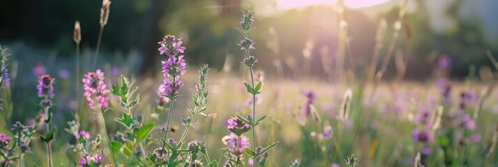 Wall Mural - purple false saw wort wildflower in a lush israeli meadow with shallow depth of field and copy space