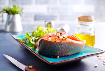 Wall Mural - Fresh raw salmon steak with spices. Healthy seafood food