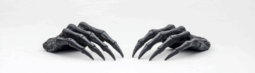 A pair of eerie black claws displayed on a white background, perfect for horror themes or Halloween decorations.