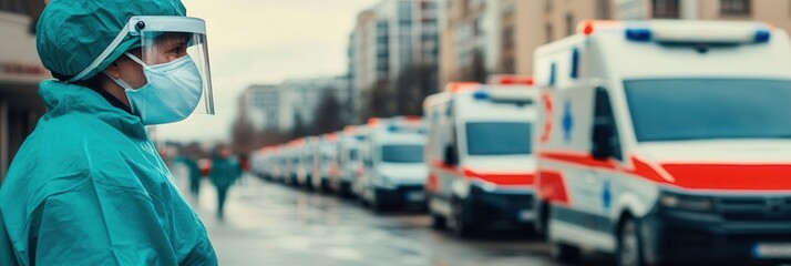 Poster - Healthcare personnel in masks and protective clothing observe long ambulance lines at busy hospitals during a significant health emergency. Generative AI