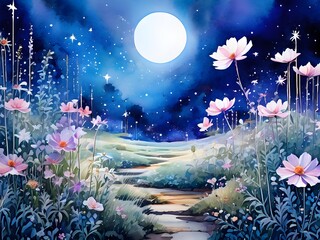 Beautiful pink wildflowers against blue night sky, nature landscape.	Digital painting
