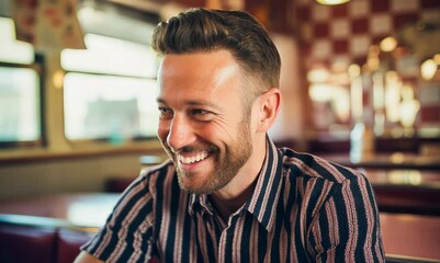 Wall Mural - Portrait of smiling man sitting at bar counter in pub and looking at camera