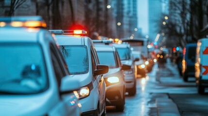 Fototapete - Emergency vehicles queue outside hospitals as medical teams respond urgently to combat a rising health crisis. Generative AI
