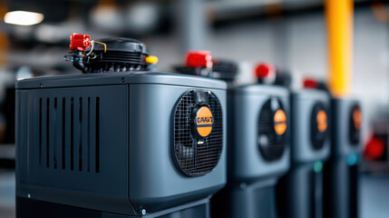 Wall Mural - Row of industrial air compressors in a manufacturing facility, highlighting advanced equipment used for industrial applications.