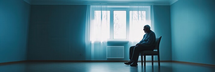 Aufkleber - An elderly man sits quietly in an empty room, gazing out of a window as sunlight filters through sheer curtains, highlighting his solitude. Generative AI