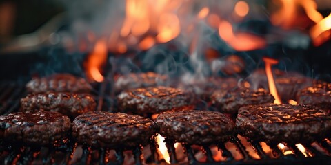 Canvas Print - Grilling Patty at a Picnic Close Up Shot of Street Food Meat Cooking