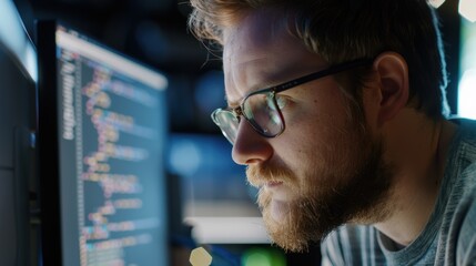 focused software developer working on computer code at night in office