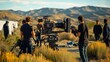 © musa - Film crew shooting a scene in a desert landscape with mountains in the background.