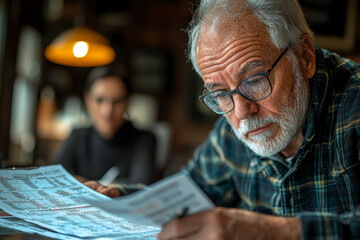 Wall Mural - A financial planner and client reviewing a retirement account with diminishing funds, highlighting issues with long-term savings. Concept of retirement planning and savings depletion.