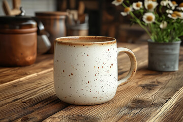 Poster - An unadorned ceramic cup on a plain wooden table, capturing the essence of functional design and understated beauty. Concept of everyday objects and minimal design.