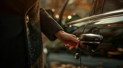 A woman is opening the door of a car