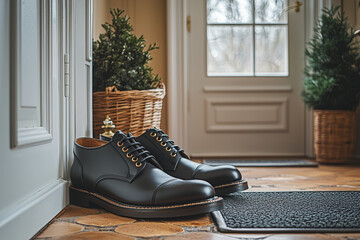 Poster - A single pair of black leather shoes placed neatly by the door, highlighting the elegance of simple, classic footwear. Concept of minimalist fashion and organized entryways.